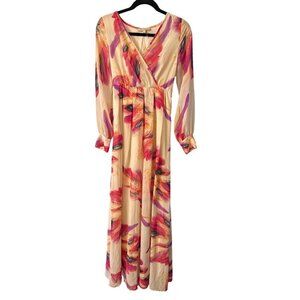 Ricarica Long Floral Maxi Dress Pink Multicolor With Tie Waist & V-Neck